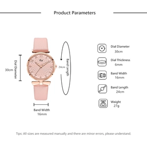 Detailed size specifications for the pink quartz fashion watch with leather strap