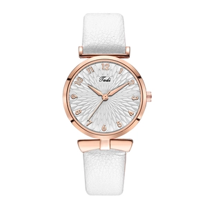 Elegant women's white leather strap quartz watch with rose gold dial and petal texture