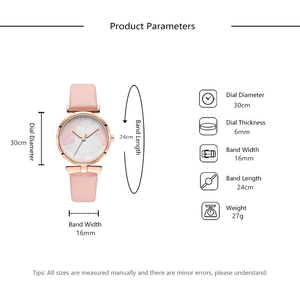 Detailed technical specifications for a minimalist pink quartz watch with leaf pattern dial