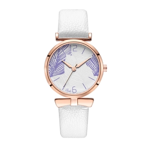 Detailed macro of the rose gold watch case and white dial with purple leaf pattern