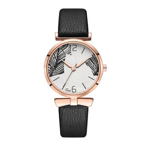 Women Fashion Quartz Watch Rose Gold Alloy Case Leaf Pattern Dial PU Leather Strap Casual Analog Wristwatch