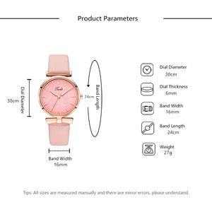 Detailed size specifications for women quartz watch with pink strap and leaf pattern