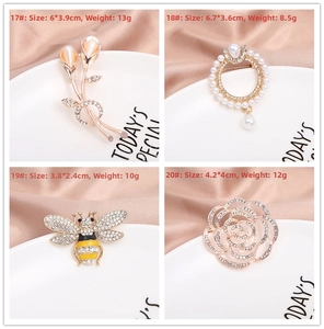 Detail view of four crystal floral and animal brooches with dimensions and weight stats