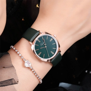 Slim green leather strap watch with rose gold diamond case and heart bracelet set