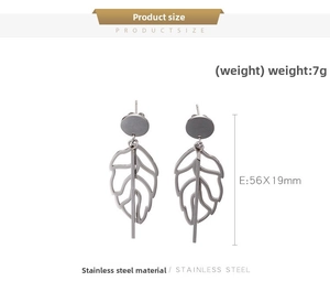 Detailed view of silver hollow leaf earrings with dimensions 56x19mm and 7g weight