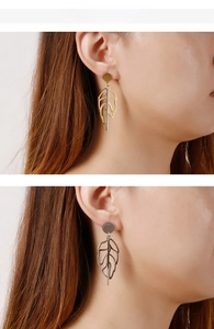 Detail showing long leaf drop earrings with hollow veins and metal texture on model