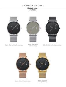 Minimalist quartz watches with calendar display and stainless steel mesh bands in five colors