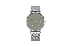 Detail of silver mesh watch band and grey dial with radial lines and calendar window