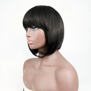 Classic black straight bob wig with bangs for women, natural synthetic hair headwear