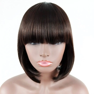 Detailed view of dark brown bob wig with bangs and smooth inner-curve hair texture