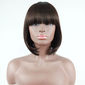 Detailed front view of short straight black Bob wig with flat bangs and inner curved ends