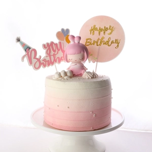 Pink cartoon girl cake topper set with Happy Birthday balloon decorations for party