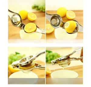 Step-by-step macro guide for using the stainless steel manual lemon squeezer on wood table