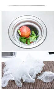 Close-up of fine mesh sink strainer bag showing food waste filtration and product texture