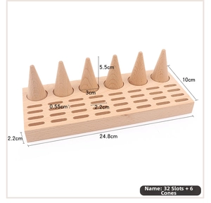 Beech wood jewelry display stand with 32 slots and 6 conical ring holder pillars