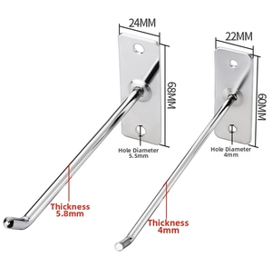 Detail of metal wall hooks showing 24mm and 22mm panel sizes and mounting hole diameters