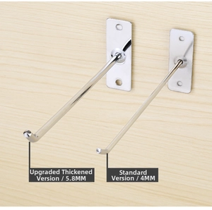 Wall-mounted display hook comparison showing 5.8mm upgraded vs 4.0mm standard thickness