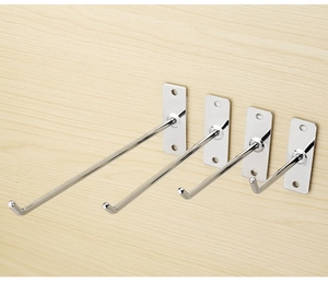 Polished silver metal display hooks in four different lengths for wall-mounted shelves