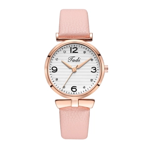 Elegante Damenarmbanduhr in Roségold mit rosa Lederarmband und Diamant-Zifferblatt