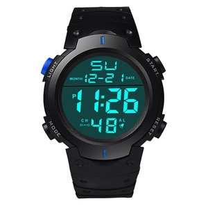 Detail shot of the digital display showing calendar, alarm, and chronograph functions