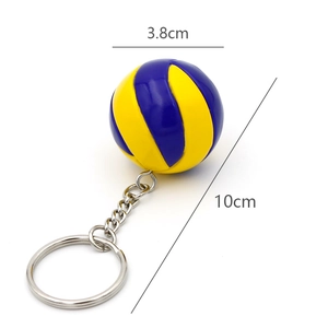 Close-up of blue and yellow volleyball keychain with 3.8cm diameter and metal ring