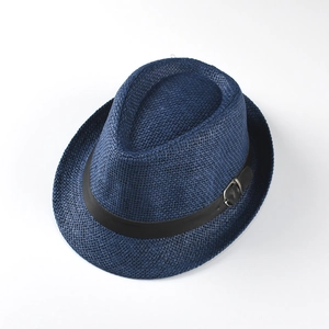 Navy blue straw fedora hat for kids with black leather band and silver buckle