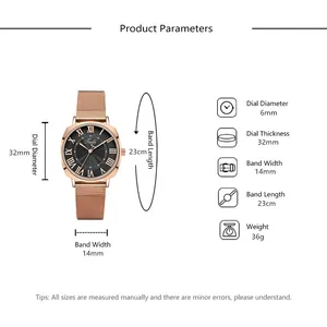 Detailed size chart for rose gold mesh watch with 32mm dial diameter and 14mm band width