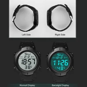Digital sport watch with large display featuring alarm calendar and green LED backlight