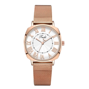 Minimalist rose gold mesh strap watch with white Roman numeral dial and quartz movement
