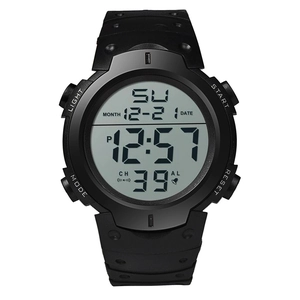 Macro view of digital watch dial showing date, time, and functional display buttons