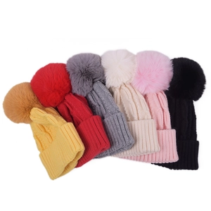 Kids Winter Beanie Hat Cable Knit Faux Fur Pom Pom Warm Cuffed Thick Skull Cap Soft Thermal Headwear For Boys Girls
