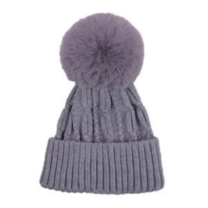 Grey purple knit winter hat for babies featuring a large faux fur pompom and thick cable texture