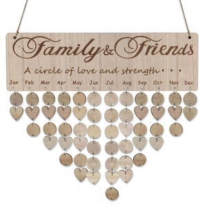 Detailed close-up of wooden family birthday calendar board with heart and circle tags