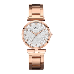 Women's rose gold minimalist quartz watch with silver sunray dial and metal link bracelet