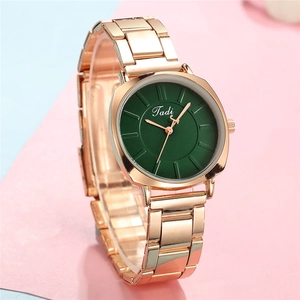 Elegant rose gold quartz watch with rectangular green dial and link bracelet for women