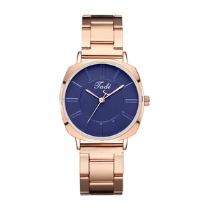 Detailed top view of a Tadi rose gold quartz watch with a deep blue matte dial