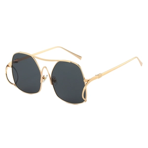 Chic cat eye metal frame sunglasses with wavy side hollow design and dark grey lenses