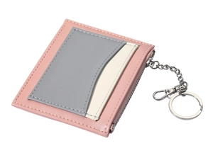 Pink and grey multi-slot PU leather card holder wallet with keychain and zipper detail