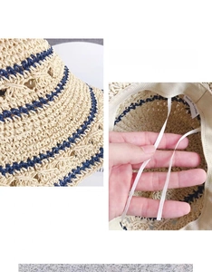 Detail of hand-woven straw hat showing beige material and adjustable inner drawstring