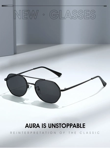 Detailed close-up of octagon polarized metal sunglasses with a stylish double bridge design