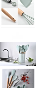 Close-up of mint green silicone kitchen utensils with wooden handles in a storage container