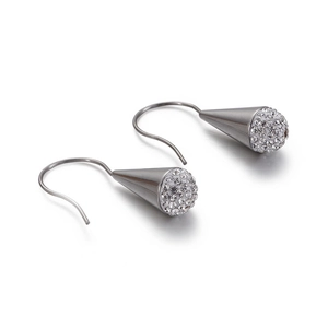 Sleek silver cone drop earrings with shimmering crystals on a clean white background