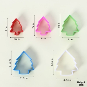 Detailed view of 5-piece Christmas tree cookie cutter set with dimensions in multiple colors
