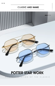 Detail view of double bridge aviator sunglasses in gold-orange and silver-blue finishes