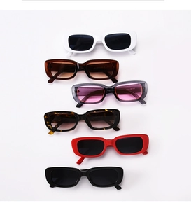 Detailed collection of vintage rectangular sunglasses in six assorted colors on white background