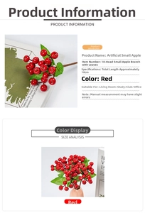 Detail view of artificial 18cm red berry branch with 18 small apples for home decor