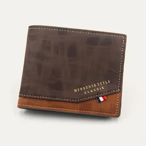Men's bifold wallet with matte brown textures and golden Menbense lettering design