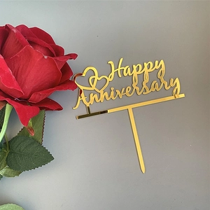 Gold acrylic Happy Anniversary cake topper with double hearts for wedding party decoration