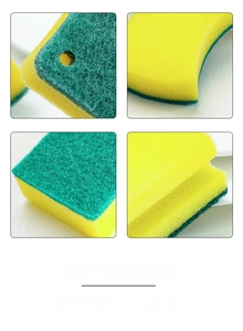Close-up of double-sided dish sponge with green scouring pad and yellow high-density foam