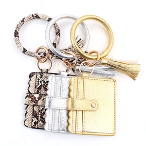 Leopard and metallic PU leather keychain wallet with bangle ring and tassel charms